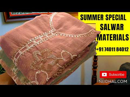 Designer rich beige with golden tint pure tissue organza silk unstitched salwar material, embroidery on daman (Thin, Lining Needed) Santoon Bottom, Pure tissue oraganza silk dupatta with work and scallop borders. AG263001
