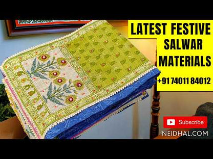 Mehandhi yellow schiffli embroidered pure soft cotton unstitched salwar material(lining needed) faux mirror on front, batik daman, dark maroon batik dyed cotton bottom, dual shaded batik dyed premium mul cotton dupatta. FB261305