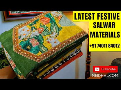 Designer Mehandhi yellow digital printed silk cotton unstitched salwar material, v neck with french knot work, kantha stitch work on daman(lining needed)santoon bottom,digital printed with hand embroidery work on  silk cotton dupatta. MR261808