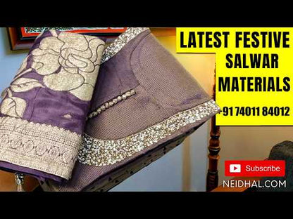Designer dark mauve tissue silk unstitched salwar material, (shiny, Lining Needed) rich sequins, bead work and polti button on yoke,gold zari lines all over,  santoon bottom, weaving design on premium organza silk dupatta.(Can stitch upto L size) FB261801