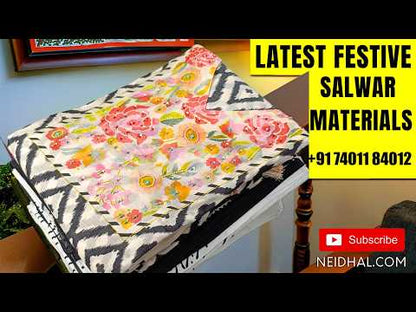 Dark olive green silk cotton unstitched salwar material, multicoloured batik yoke with french knot and faux mirror (lining needed)reddish maroon spun cotton bottom, multicoloured batik design on soft silk cotton with tissue pallu. MR262317