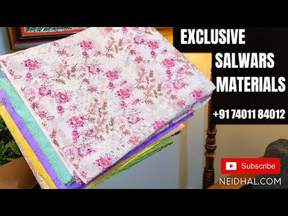 CODE SP23212 : Black Liquid fabric unstitched Salwar material(Soft Flowy, thin fabric, lining needed) round neck, embroidery and fancy buttons on yoke, Matching Liquid fabric Bottom, brush paint on soft silk cotton dupatta.