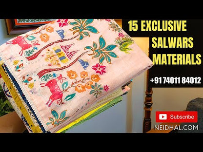 Sea green digital printed semi linen unstitched salwar material, sober printed all over, hand embroidered on daman(thin, lining needed)matching drum dyed lining provided, NO BOTTOM, digital printed semi linen full length dupatta. CODE JN252401