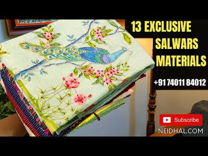 Mehandhi yellow floral printed semi linen unstitched salwar material, faux mirror work on yoke(lining needed)matching cotton bottom, floral printed semi linen dupatta. CODE JL251720