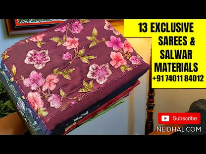 CODE NS39 : Indigo blue printed fancy semi linen saree, elephant printed with silver tissue borders(thin & light weight)rich printed pallu with tassels, printed running blouse with silver tissue borders.