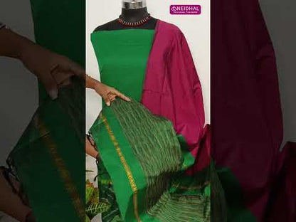 Dark teal blue silk cotton unstitched salwar material, thread woven design on daman(lining needed)light green silk cotton bottom, dual shaded silk cotton dupatta. CODE SP250608