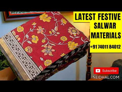 Teal blue jakard viscous unstitched salwar material, contrast daman( Smooth Lining Needed) santoon bottom, weaving on viscous dupatta with zari lines and contrast pallu with gold tissue borders. MR260111