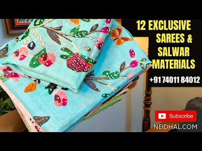 Light green jamdani woven premium silk cotton unstitched salwar material,faux mirror work on yoke(lining needed)matching thin cotton fabric provided for lining, NO BOTTOM, jamdani woven premium silk cotton full length dupatta with tassels. CODE OC241102