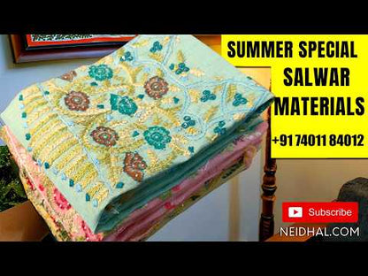 Rich golden beige with golden tint printed tissue silk cotton unstitched salwar material,(lining needed)teal green silk cotton bottom, zig zag printed tissue silk cotton dupatta with contrast borders. AG260301