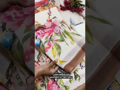 Half white base floral printed semi linen unstitched salwar material, hand embroidered on yoke& front(thin, lining needed)matching spun cotton bottom, digital floral &bird printed semi linen dupatta with hand embrodered. CODE JN251001