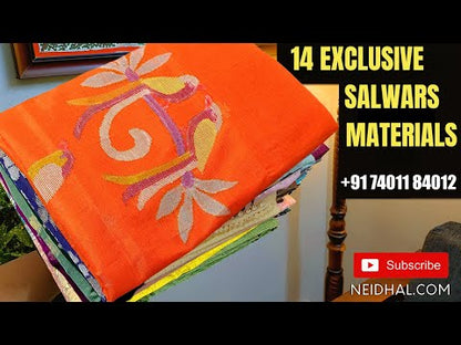 Half white designers silk cotton unstitched salwar material, thread &zari woven on front(thin, lining needed)matching silk cotton bottom, silk cotton dupatta with zari& thread weaving design. CODE SP250517