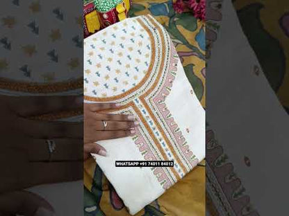 Half white base flex cotton unstitched salwar material, block printed all over, kantha stitch& sequins work on yoke(lining optional)mehandhi yellow  cotton bottom, kalamkari printed pure cotton short width dupatta. CODE AG251108