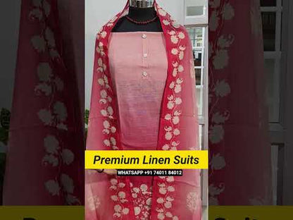 Designer pastel Pink &dark pink dual shaded premium linen unstitched salwar material, bead buttons on yoke, digital printed daman with rich bead work(lining needed)matching santoon bottom, dual shaded digital printed premium linen dupatta. CODE JN252201