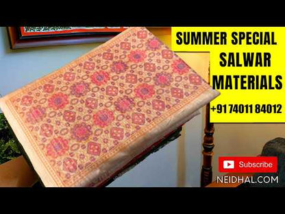 Pink shade premium printed soft cotton unstitched salwar material, schiffli &elephant applique work on yoke(lining optional)applique work cotton bottom, pure cotton dupatta with applique work. MY261506