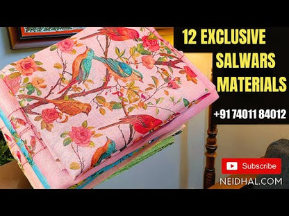 Black base printed pure cotton unstitched salwar material, lace& faux mirror work on yoke(lining optional)printed cotton bottom, printed pure cotton full length dupatta with lace tapings. CODE MR252113