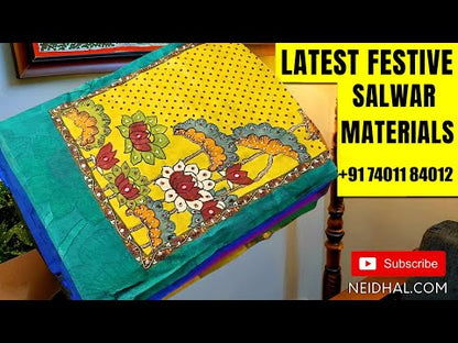 Beige with golden tint issue linen unstitched salwar material, digital prints highlighted with hand embroidery detailing (Textured, Lining Needed) Matching santoon bottom, digital printed dupatta with hand embroidery work. OC250609