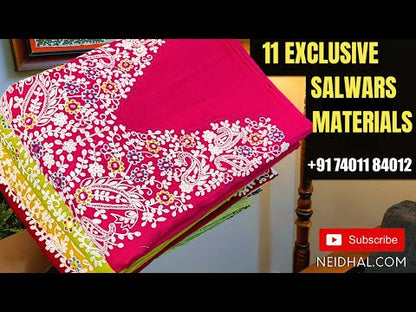 Half white semi georgette unstitched salwar material, cross stitch embroidered on yoke(thin, lining needed)matching silky bottom, cross stitch embroidered semi georgette dupatta with scallop edges. CODE MY251915