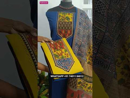 Ink blue premium cotton unstitched salwar material, ajrak yoke patch(lining optional)matching cotton bottom, digital printed mixed cotton dupatta. CODE AG251306