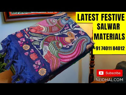 Dark Maroon south handloom cotton unstitched salwar material (lining needed) thread buttas on front, matching cotton bottom, block printed kota silk cotton dupatta. DC251813