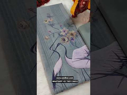 Dark beige semi linen unstitched salwar material, bird& floral printed all over(thin, lining needed)matching cotton bottom, digital printed semi linen dupatta. CODE JL250904