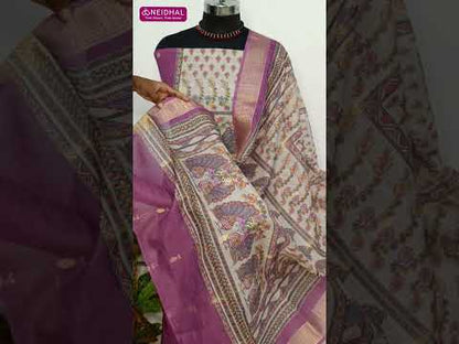 Mauve fancy slub silk cotton unstitched salwar material, digital printed yoke, zari buttas all over(thin, lining needed)matching spun cotton bottom, digital printed slub silk cotton full length dupatta with zari borders. CODE AG252512