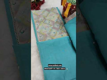 Pastel blue silk cotton unstitched salwar material, organza yoke patch with thread& bead work(thin, lining needed)matching spun cotton bottom, fancy organza dupatta with crochet lace work& fancy lace tapings. CODE JL251303