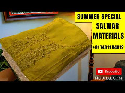 Rich beige tissue silk cotton unstitched salwar material, zari and sequins on yoke, buttas on front, rich weaving daman,(lining needed)silk bottom, gold and silver weaving ontissue silk cotton dupatta with borders & lace tapping. OC261206