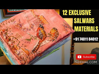 Lavender designer soft silk cotton unstitched salwar material, applique work on front(thin, lining needed)matching santoon bottom, soft silk cotton dupatta with lace work. CODE JN250901