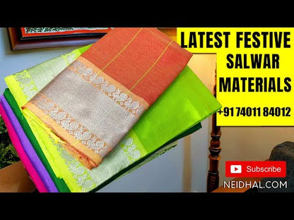 Rich beige with golden tint tissue kota silk cotton unstitched salwar material, embroidered on daman(thin fabric, lining needed)pink silk cotton bottom, digital printed crinkled tissue silk cotton dupatta with zari borders. CODE FB251701