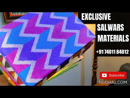 Multi color ikat printed fancy silk unstitched salwar material(silky fabric, lining needed)ikat printed fancy silk bottom, zig zag printed full length fancy silk dupatta(REQUIRES TAPINGS). CODE JA250102