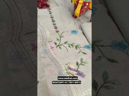 Light grey premium super net unstitched salwar material, brush paint& hand embroidered on daman(thin, lining needed)matching lining provided, NO BOTTOM, embroidered premium super net full length dupatta with lace tapings. CODE JL252525