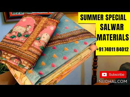 Designer mauve mul chanderi unstitched salwar material,digital printed and faux mirror yoke, pintex and thread work on middle,( soft,lining needed)silk cotton bottom,digital printed mul chanderi dupatta with fancy tassles. AG262118