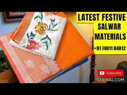 Bright pink digital printed premium linen unstitched salwar material,(textured, lining needed) hand embroidery on daman, V neck, matching santoon bottom, digital printed , embroidery work on premium linen dupatta. OC252914