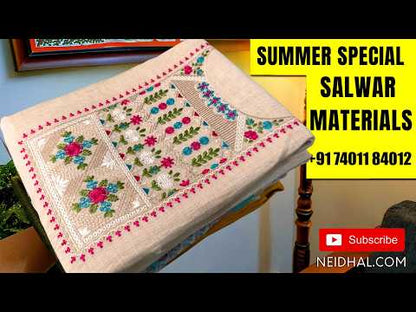 Designer beige base silk cotton unstitched salwar material, thread embroidery on yoke,(ORANGE/PURPLE) (lining needed) santoon bottom, jamdani woven silk cotton dupatta with pallu and handmade tassles. JL262902