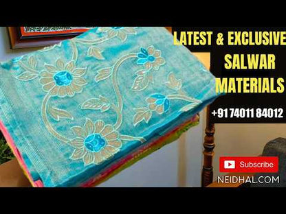 Half white base premium silk cotton unstitched salwar material, zari and thread embroidery on yoke, (lining needed)dark peachish pink spun cotton bottom,abstract printed soft silk cotton dupatta with foil work borders with lace tapping. MR261415