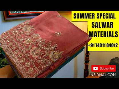 Dark beetroot purple silk cotton unstitched salwar material, gold tissue and daman with embroidery, zari buttas (Thin, Lining Needed)matching spun cotton bottom, silk cotton dupatta with tissue and embroidery on pallu. SP262320