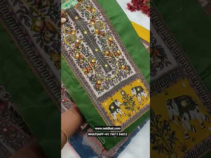 Dark teal blue satin cotton unstitched salwar material, digital printed yoke with faux mirror& thread work(lining optional)red drum dyed cotton bottom, digital  printed light weight silk cotton dupatta(REQUIRES TAPINGS). CODE JL250911