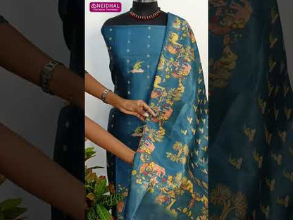 Teal blue digital printed silk cotton unstitched salwar material, zari buttas all over(thin, lining needed)matching spun cotton bottom, digital printed silk cotton dupatta. CODE AG252702