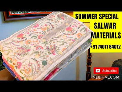 Designer light grey pure linen unstitched salwar material, sugar bead and thread work on yoke,floral printed all over,(lining needed)drum dyed cotton fabric provided for lining, NO BOTTOM,digital printed premium linen dupatta. JL261414
