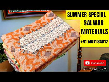 Light greyish blue premium semi linen unstitched salwar material(lining needed)fancy buttons yoke,digital printed, silver zari work on daman,spun cotton bottom, digital printed premium semi linen full length dupatta with lace taping. MY262203