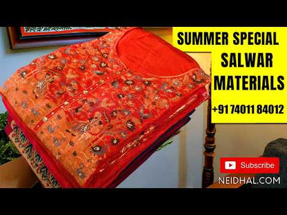 Off white premium linen salwar material, embroidery and sequins work on yoke, printed all over,(PEACHISH PINK) (textured, lining needed)spun cotton bottom, digital printed premium linen dupatta. OC261711