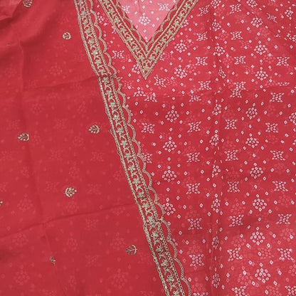 Red bandhini printed pure organza unstitched salwar material v neck with zari& sequins work(thin fabric