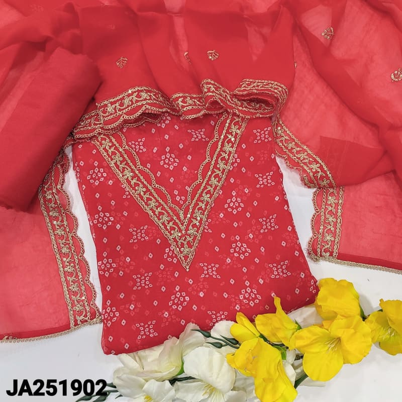 CODE JA251902: Red bandhini printed pure organza unstitched salwar material v neck with zari& sequins work(thin fabric