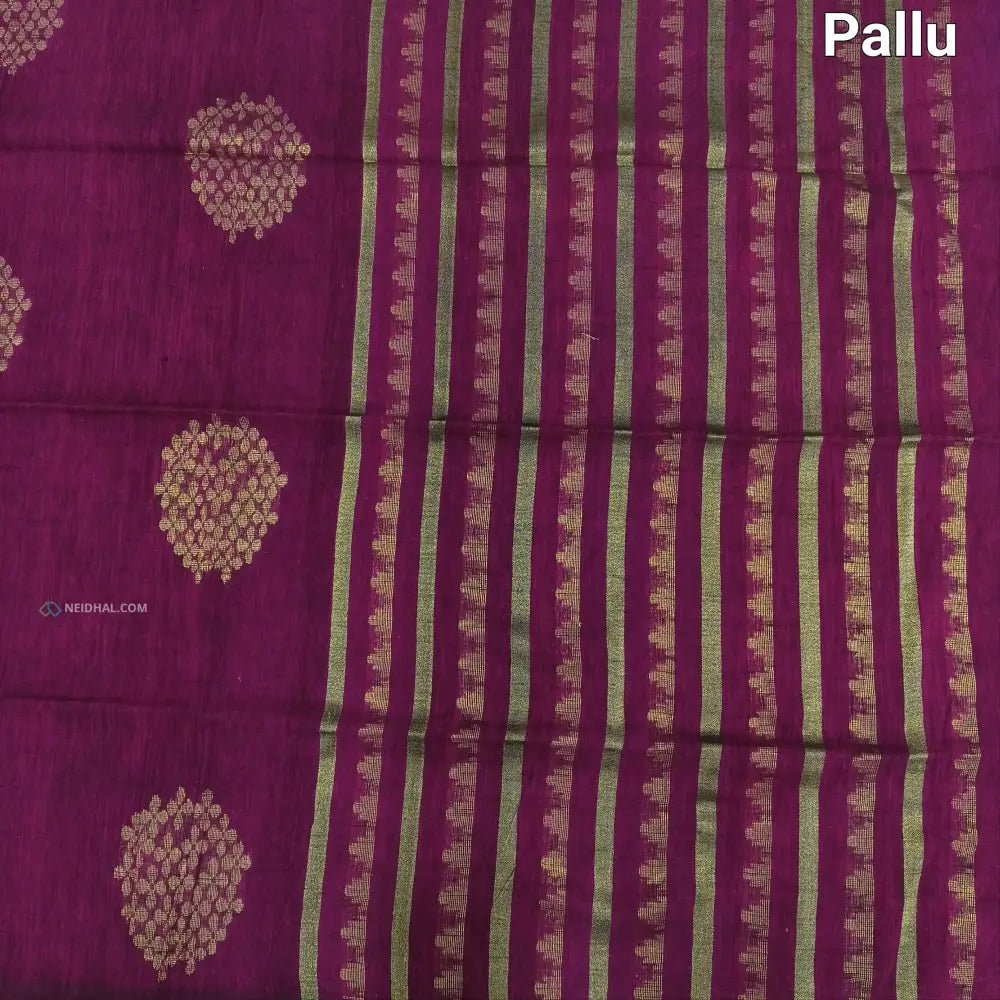 CODE NS06: Dark purple designer pure linen saree hand woven design all over heavy zari lines on pallu plain running