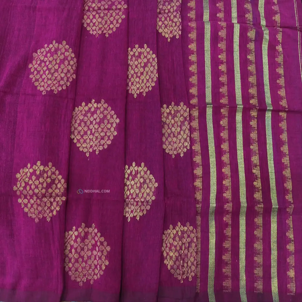 CODE NS06: Dark purple designer pure linen saree hand woven design all over heavy zari lines on pallu plain running