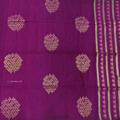 CODE NS06: Dark purple designer pure linen saree hand woven design all over heavy zari lines on pallu plain running