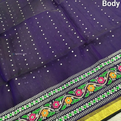 CODE NS23: Purple designers premium organza saree(thin& light weight)sequins weaved along with zari all over