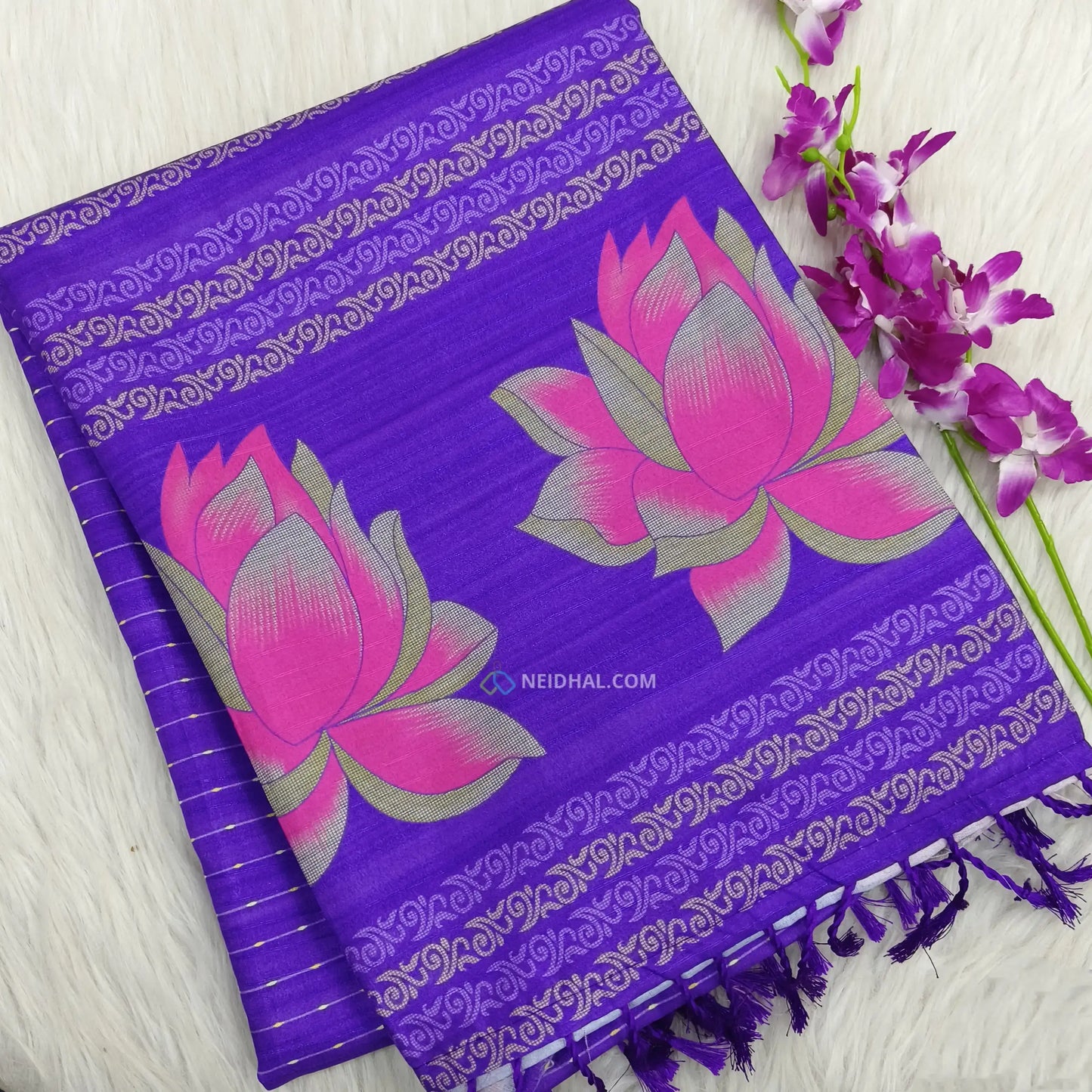Purple Digital Printed Chappa Silk Saree - Lotus Pallu | Neidhal