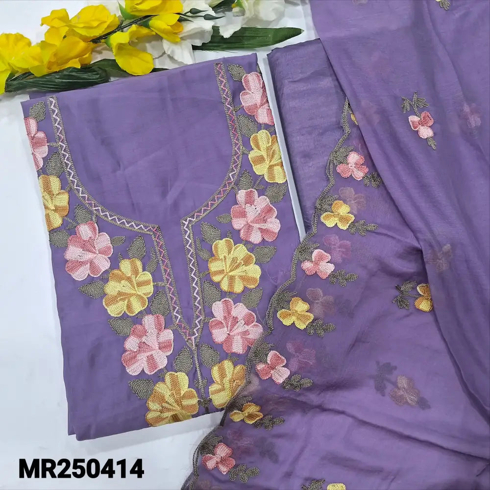 CODE MR250414: Light purple fancy soft silk cotton unstitched salwar material machine embroidered on yoke& front(lining