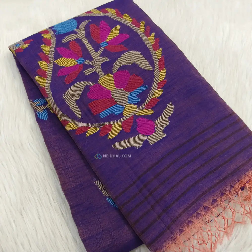 CODE NS25: Dual shaded purple with golden tint jamdani woven slub tissue saree(thin & light weight)jamdani woven pallu